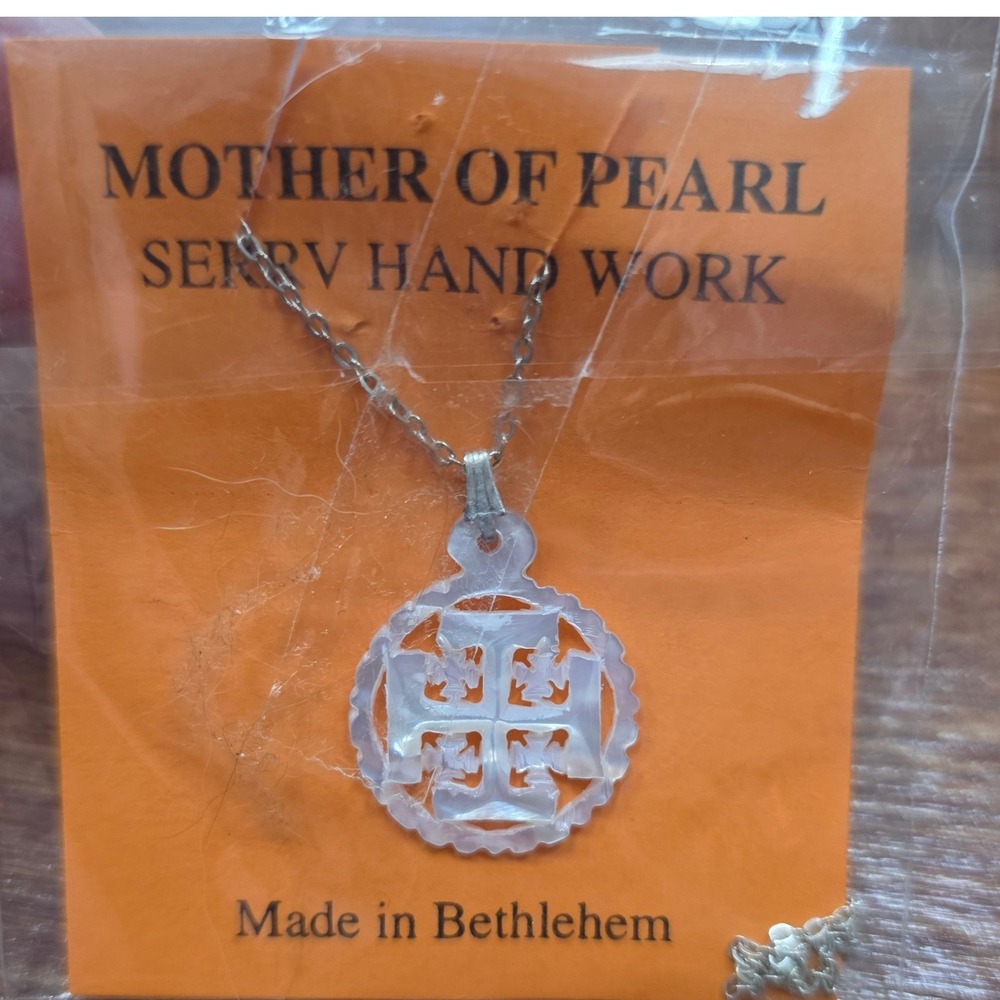 Mother of Pearl Hand Carved Jerusalem Cross Necklace Made in Bethlehem NIP